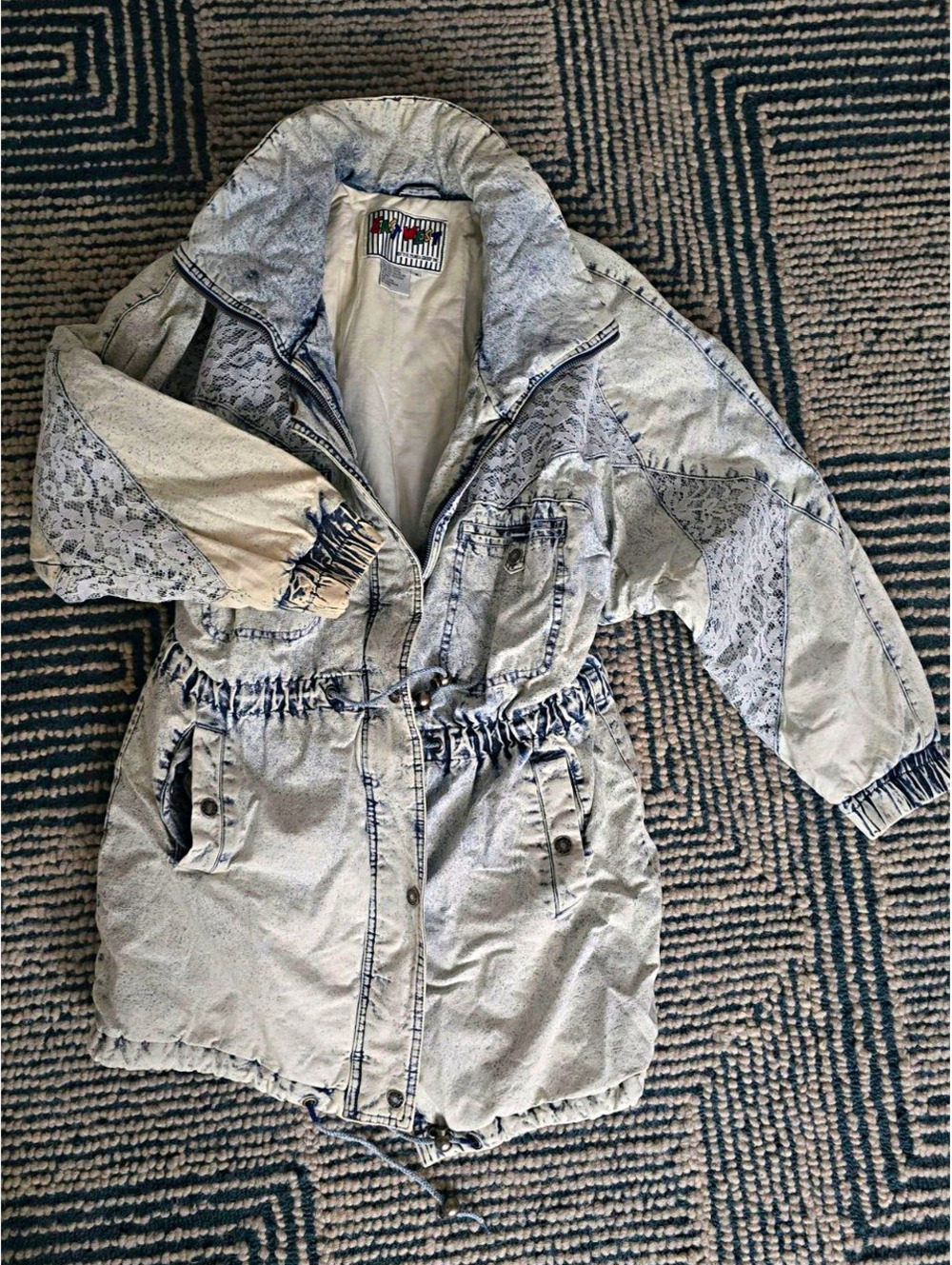 East West Long Denim Parka Jacket Floral Lace Acid Wash
